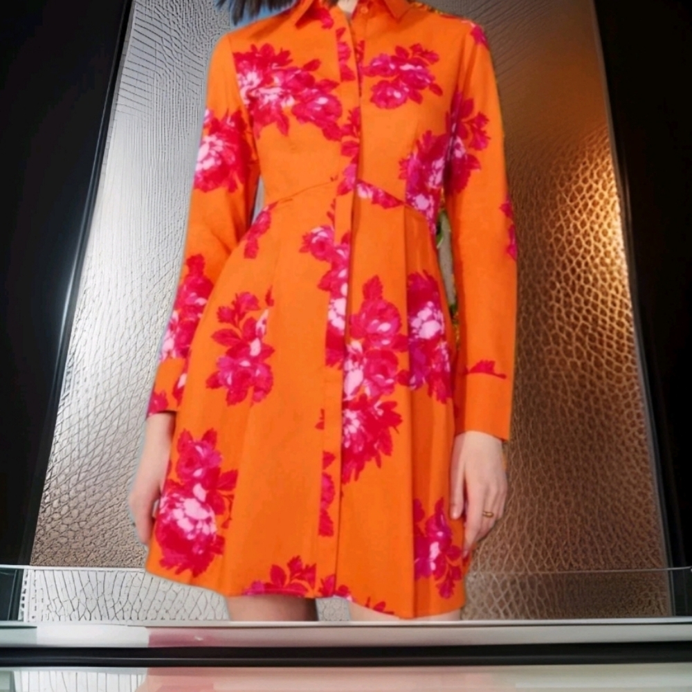 Scoop Women's Orange Floral Print Poplin Shirtdress with long sleeves Sz 0-2 XS.